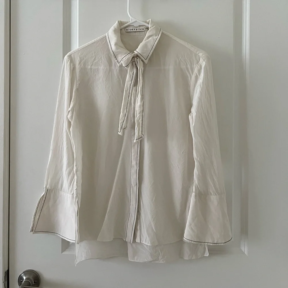 Alice+Olivia Tie Neck Long Sleeve Silk Top - Picture 1 of 5